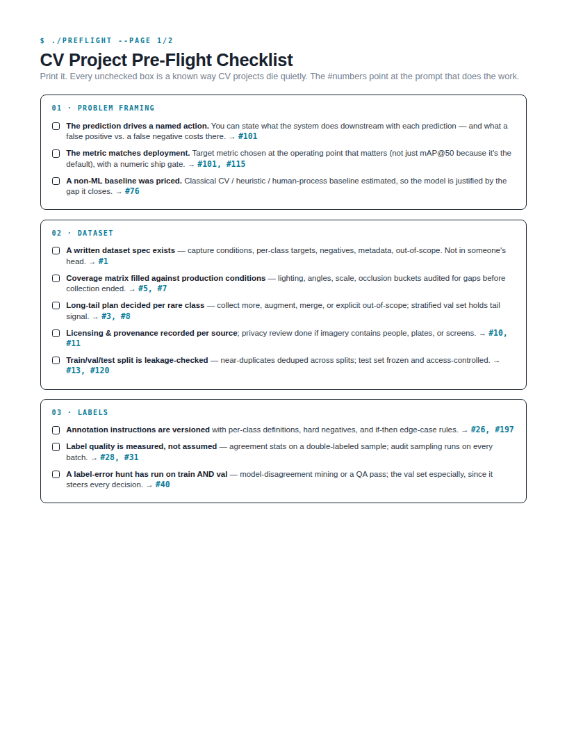 CV project pre-flight checklist page
